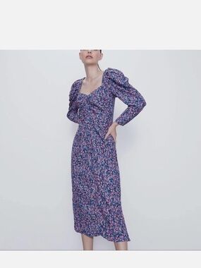 Zara Purple Floral Midi Dress with Puff Sleeves